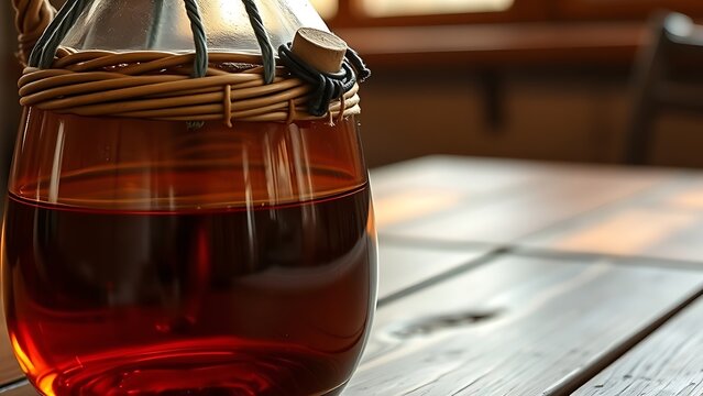 demijohn. Glass demijohn with wicker basket containing amber homemade wine on wooden table. bar promotions, beverage menus, designed for product packaging and bar promotions, inspires menu design.