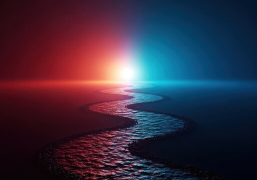 Illuminated abstract concepts merging, forming an equivalence between light and a challenging path, suggesting that wisdom guides the long journey of growth, simile, challenge, imagination