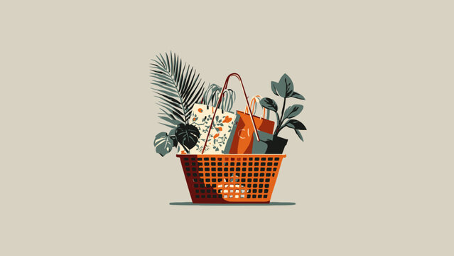 Vibrant vector illustration showcasing a sustainable shopping basket overflowing with eco-friendly reusable bags, fresh green plants, and conscious consumer choices, embodying a greener lifestyle