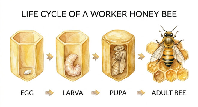 Watercolor Honey Bee Life Cycle: Egg to Worker Bee