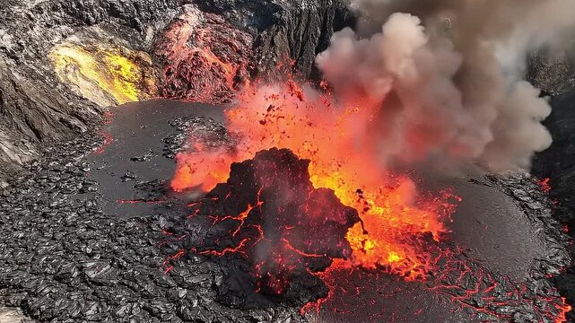 Fiery Volcano Eruption: Witness the raw power of nature as a volcano erupts, spewing forth molten lava and smoke into the atmosphere, a spectacle of geological force and beauty.