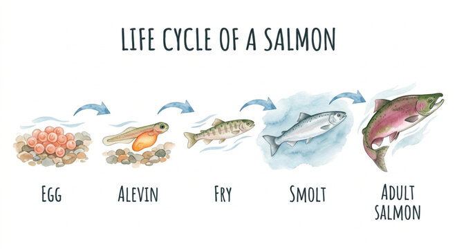 Watercolor Salmon Life Cycle Diagram: From Egg to Spawning Adult