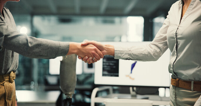 Handshake, robotics and meeting with business people in office for engineering deal, success and thank you. Collaboration, mechatronic partners and shaking hands with employees in agency for team