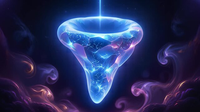 Abstract glowing blue energy vortex funnel with purple cosmic nebula smoke fantasy background