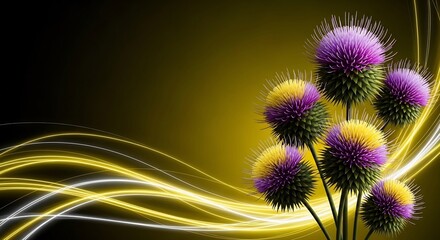 Obraz premium Striking teasel flowers illuminated with dynamic golden light trails against a dark backdrop, ideal for creative advertising, digital art, wellness campaigns, and nature-inspired designs.