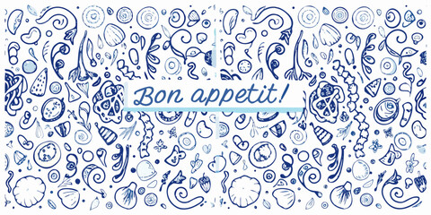 Doodle illustration featuring various foods and the phrase bon app tit © Raben