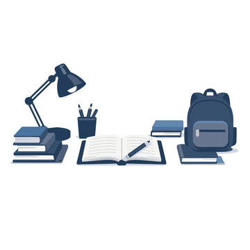 Study Desk With Book With Backpack With Lamp