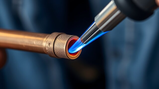 brazing. A craftsman brazing two copper pipes with molten solder under a torch flame. safety posters, maintenance manuals, designed for precision metalworking and fabrication facilities.