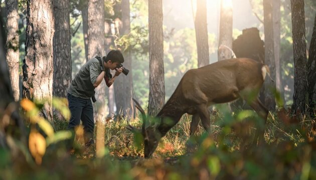Photographer capturing wildlife with a camera in a sunlit pine forest, wildlife photography, nature observation, outdoor adventure, serene atmosphere