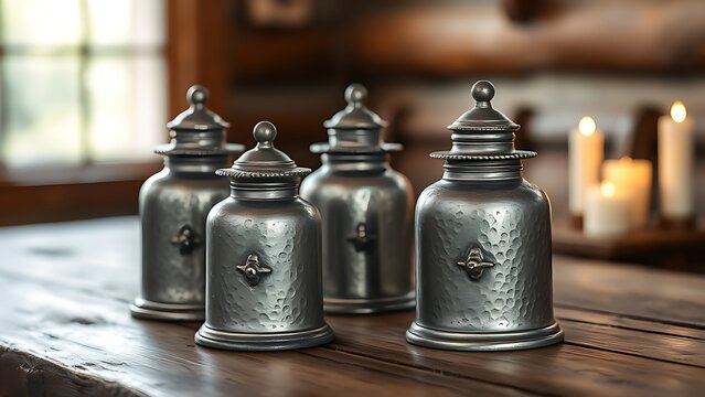 flagons. Three antique pewter flagons on a rustic wooden table illuminated by candlelight. bar promotions, beverage menus, designed for product packaging and bar promotions.