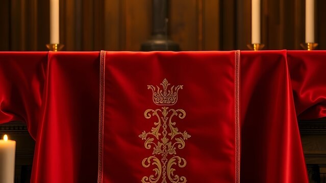 chasuble. A deep red silk chasuble with gold embroidery on a wooden altar in candlelight. event programs, museum guides, designed for cultural heritage projects and event programs.