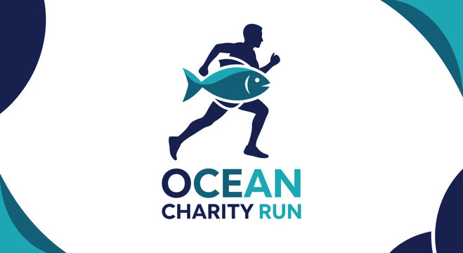 Ocean Charity Run Logo Featuring a Runner Carrying Fish in an Aquatic Theme Design