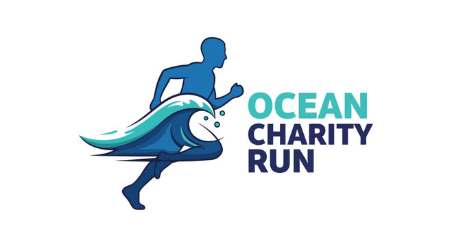 Ocean Charity Run Logo Showcasing A Runner Integrated With a Stylish Ocean Wave Design