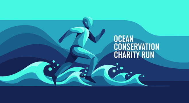 Ocean Conservation Charity Run: Silhouette Runner Navigating Stylized Waves Artwork