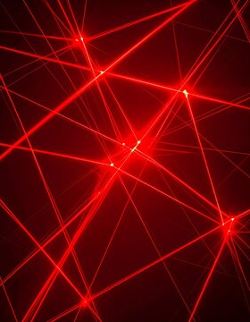 Glowing red laser beams crisscross a dark background, creating a vibrant, geometric pattern of light and shadow