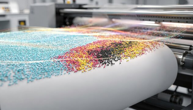 Medium shot focusing on toner layer simulation with AI predicting adhesion and color density to enhance printing efficiency in industrial settings.