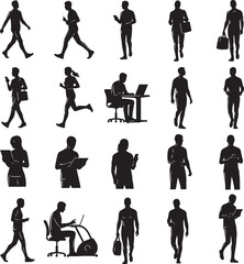 Fototapeta premium Black silhouette people collection, set of 20 human figures in various poses, walking and running men and women icons, business and lifestyle vector silhouettes