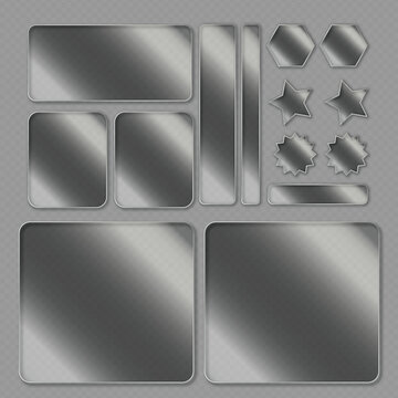 Metallic silver frosted panels set with different geometric shapes on grey grid background.