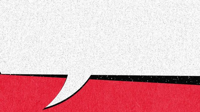 Hand holding megaphone with large speech bubble on red textured background. Concept of media broadcasting, message expansion, public announcements and influence through communication tools.