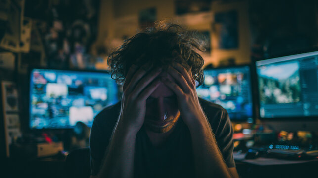 man holding head in frustration, deadlines, multiple screens, night work, photo style