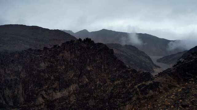 Moody Aerial Of Eroded Rock Layers And Valleys, Noyon Uul, Mongolia