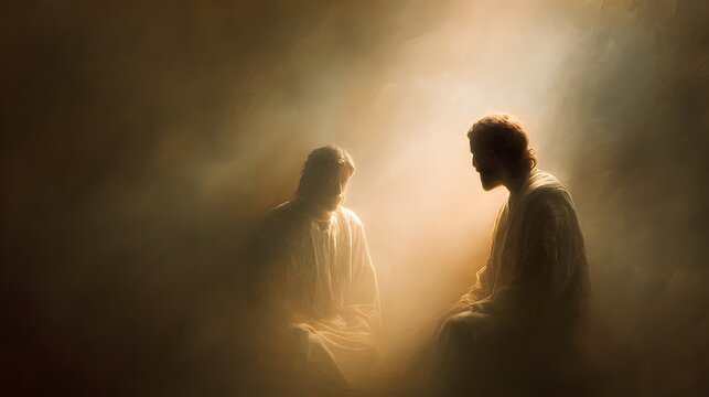 prompt Jesus healed and restored sight to the blind while the healed man gazes toward Jesus within a gentle aura of glowing light surrounding both figures, the environment abstract and uncluttered rep