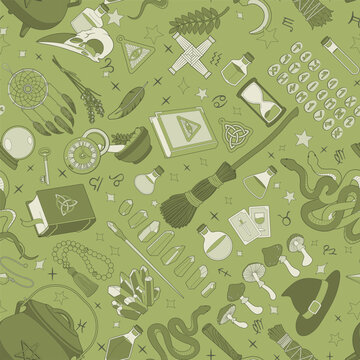 Magic seamless background. Alchemy item pattern. Occult, Wicca and Shamanism. 