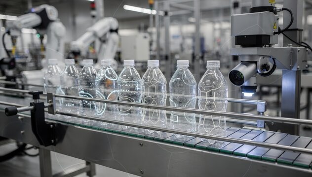 Medium shot focusing on defect detection software analyzing bottle ovality showcasing intelligent machine learning algorithms ensuring precise shape consistency during