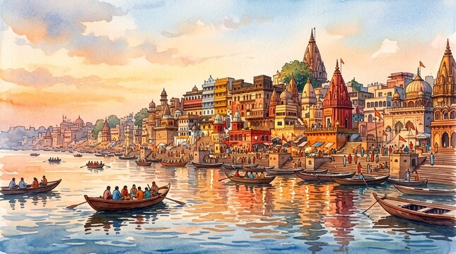 Image is a watercolor-style illustration depicting a vibrant riverside scene. The layout features a panoramic view of a bustling cityscape along a riverbank, with a series of intricately designed buil