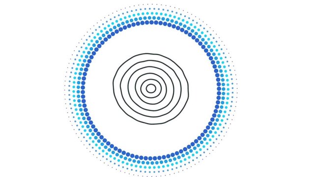 Abstract white background blue dotted graphics irregular line circles spinning center rotating animation modern minimal motion art 4K seamless loop video background