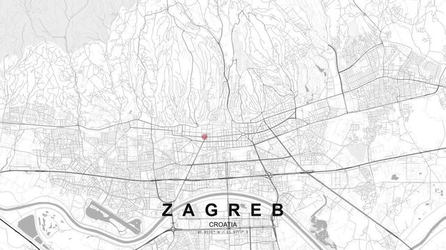 Refined city map of Zagreb, Croatia, shown in light grey and white with a red location pin identifying a specific place in the capital.