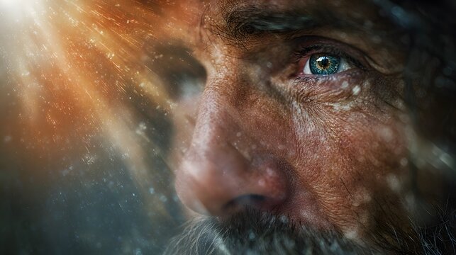 prompt Jesus healed and restored sight to the blind as the man blinks while light pours across his vision and the environment shifts from soft blur to vivid clarity, the setting an abstract spiritual 