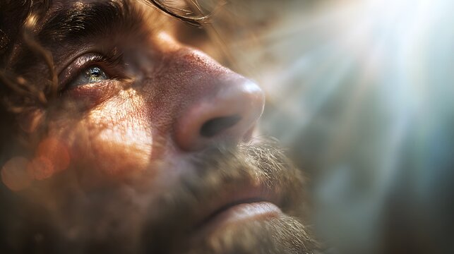 prompt Jesus healed and restored sight to the blind as the man blinks while light pours across his vision and the environment shifts from soft blur to vivid clarity, the setting an abstract spiritual 