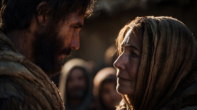 prompt Jesus healed and restored sight to the blind as the healed man turns and sees the face of his mother standing nearby for the very first time, the environment set in a small gathering outside a 