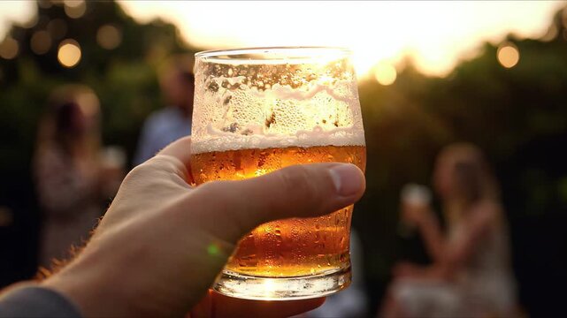 Man holding cold beer glass during golden hour sunset garden party celebration with friends outdoor