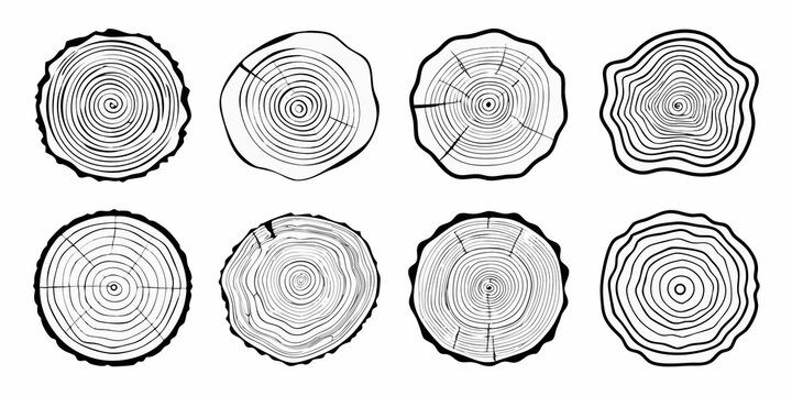 Eight black and white illustrations of tree stump cross sections