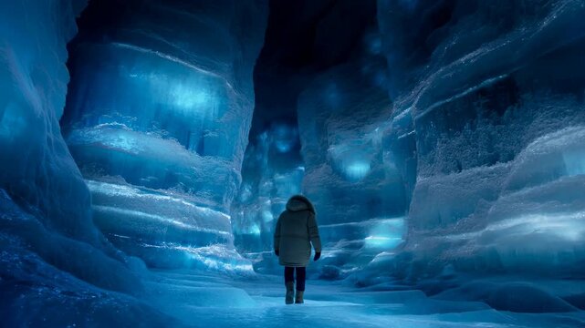 Deep Blue Ice Tunnel Journey. Silent Adventurer Navigating Glowing Ice Caves Amidst Serene Environment