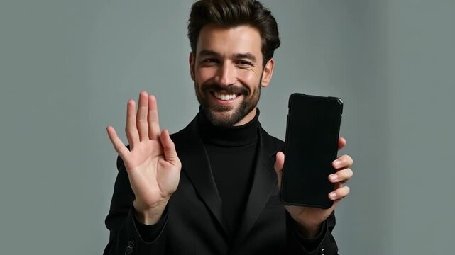 Portrait of his he nice imposing elegant classy attractive cheerful cheery guy demonstrating holding in hands black display new digital technology isolated over light gray background fashion.