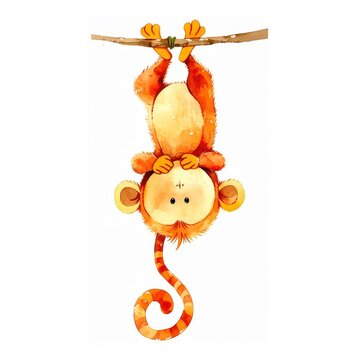 cute orange monkey hangs upside down from  wooden tree branch in  watercolor illustration style