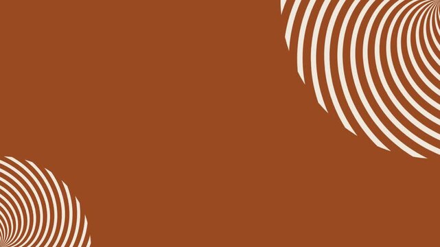 Abstract two hypnotic swirl spiral white striped circles spinning corner focus points brown background optical illusion seamless loop 4K animation dynamic geometric video