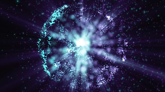 An abstract sphere of turquoise and purple glowing particles on a dark background, with rays and dots spreading out from the center, creating the effect of a cosmic explosion or galaxy.
