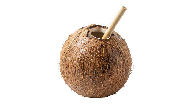 A vibrant textured coconut shell with a straw isolated on a stark black background showcasing natural beauty
