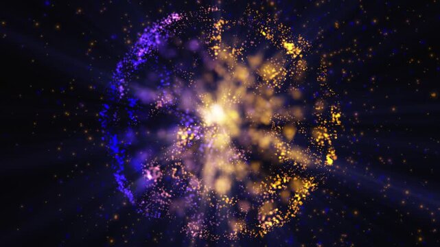 An abstract sphere of yellow-gold and purple glowing particles on a dark background, with rays and dots spreading out from the center, creating the effect of a cosmic explosion or galaxy.