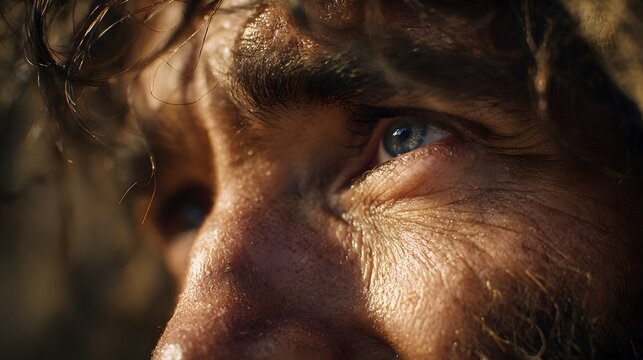 prompt Jesus healed and restored sight to the blind as tears fill the man&rsquo;s eyes while he sees the light and the figure of Jesus clearly for the first time, the environment set in a quiet pathway outs
