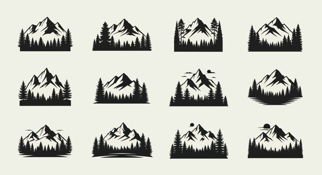 Minimalist black and white mountain illustrations with pine trees in a rustic retro style isolated on a beige background for design versatility