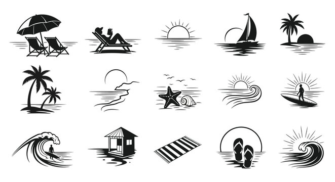 Black and white vector icons depicting beach and summer activities including sunbathing sailing waves palm trees and surfing with minimalist designs