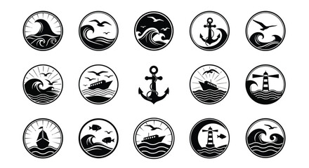 Nautical themed circular icons featuring waves anchors lighthouses and sailing ships in black and white vintage style © Shovon