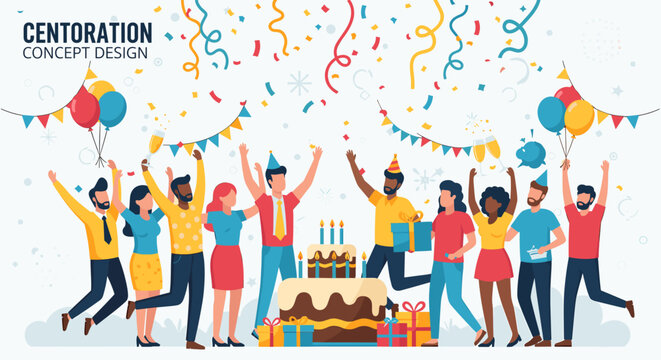 A diverse group of happy people celebrating a birthday or party with cake, gifts, balloons, and falling confetti.