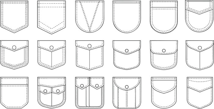Vector illustration of sixteen different pocket designs with stitching details showing fashion variations for jeans, shirts, and jackets