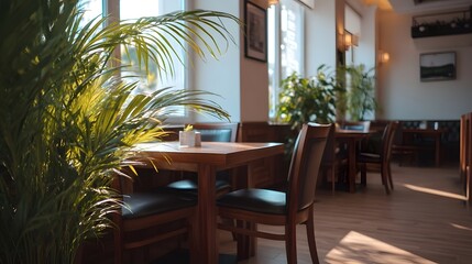 Fototapeta premium Sunlit cafe interior featuring lush tropical plants wooden tables and modern seating through large